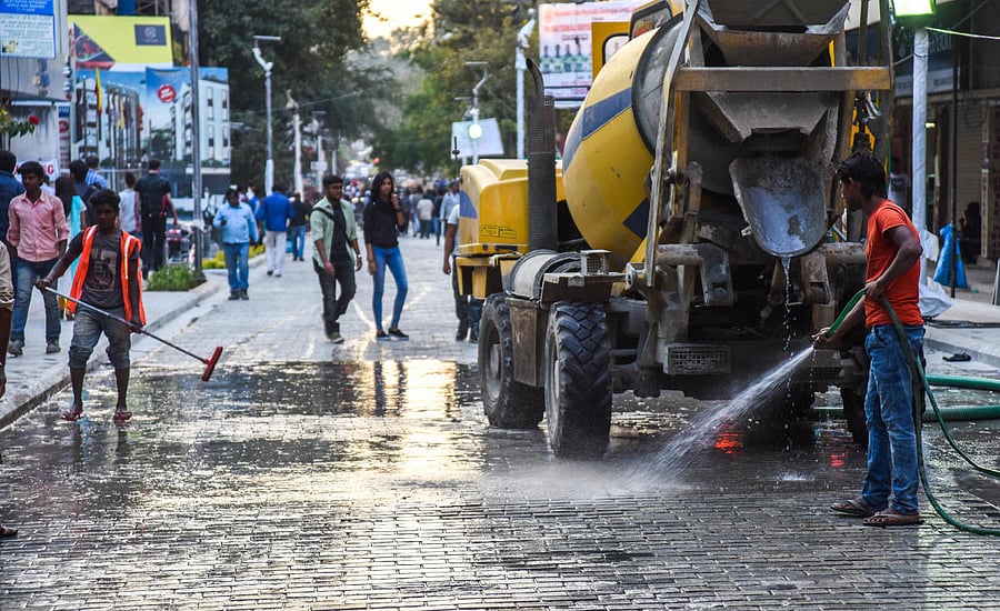 The BBMP will wash Church Street once a week to remove soot that collects on cobble stones. DH PHOTO
