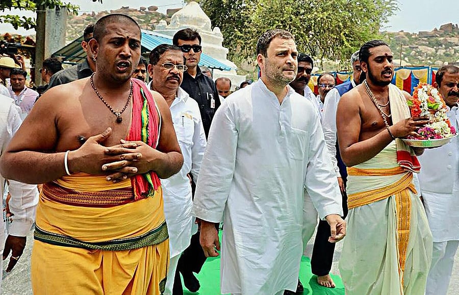 AICC President Rahul Gandhi visit Kurudumale Ganesha temple, during an election campaign ahead of Karnataka Assembly elections in Kolar on Saturday. PTI Photo