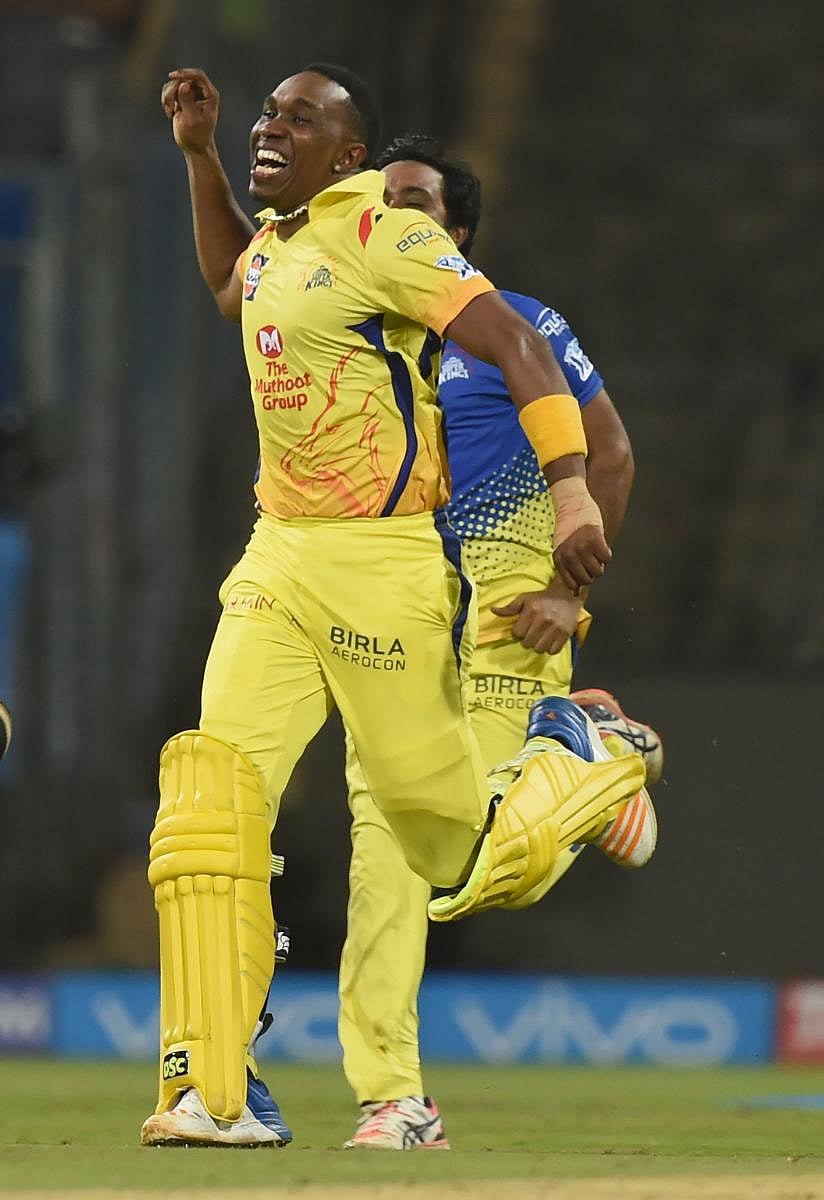 Chennai Super Kings' Dwayne Bravo celebrates after his team's win over Mumbai Indians on Saturday. AFP