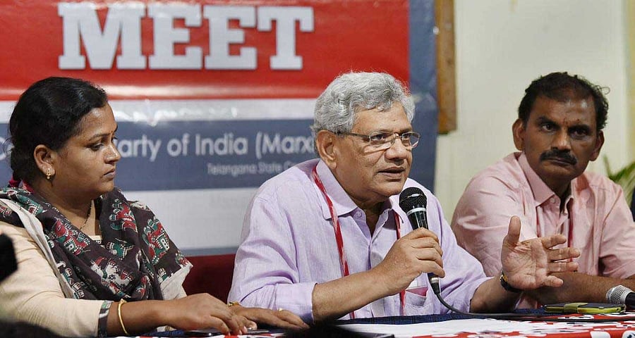 CPI(M) General Secretary Sitaram Yechury addresses the media persons as part of the 22nd Party National Congress in Hyderabad. (PTI Photo)