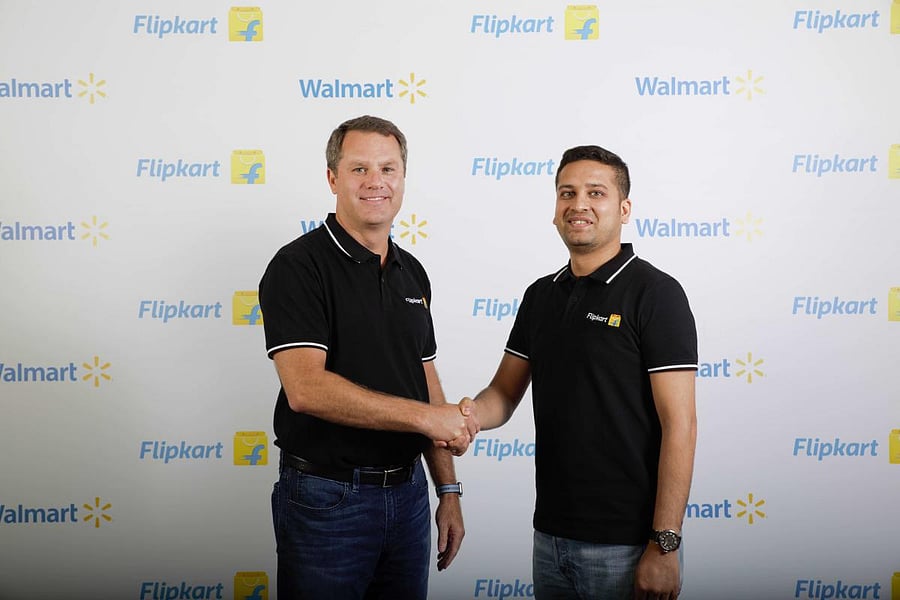 Walmart CEO Doug McMillon with Flipkart Co-Founder and CEO Binny Bansal