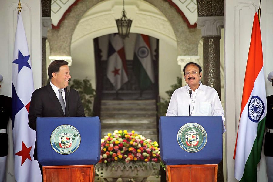 Vice President M Venkaiah Naidu with President of Panama, Juan Carlos Varela Rodriguez, at their joint press conference in Panama City on Wednesday. PTI Photo