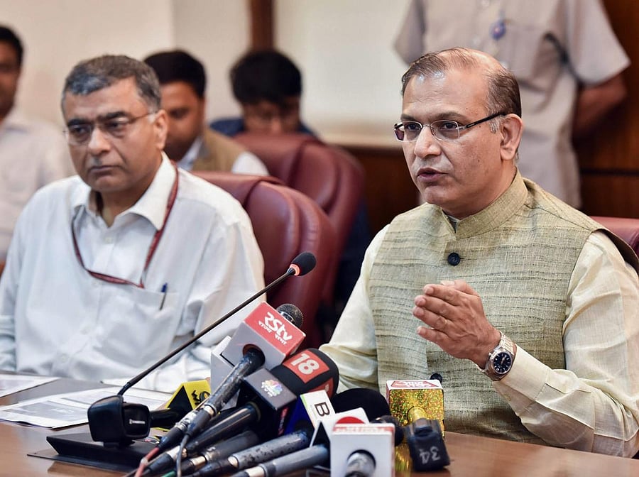 MoS for Civil Aviation Jayant Sinha addresses a press conference on 'Prospective Investment Plan of Central Govt. on Upgradation & Development of AAI Airports' in New Delhi on Wednesday.