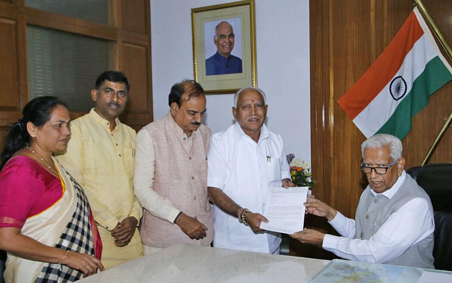 BJP leaders B S Yeddyurappa, Ananthkumar, Madhusudhan and Shobha Karandlje met Governor Vajubhai Rudabhai Vala at Raj Bhavan in Bengaluru on Tuesday.