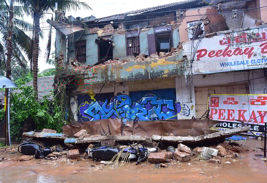 A building partially collapsed on Bhavanthi Street in Mangaluru on Saturday.