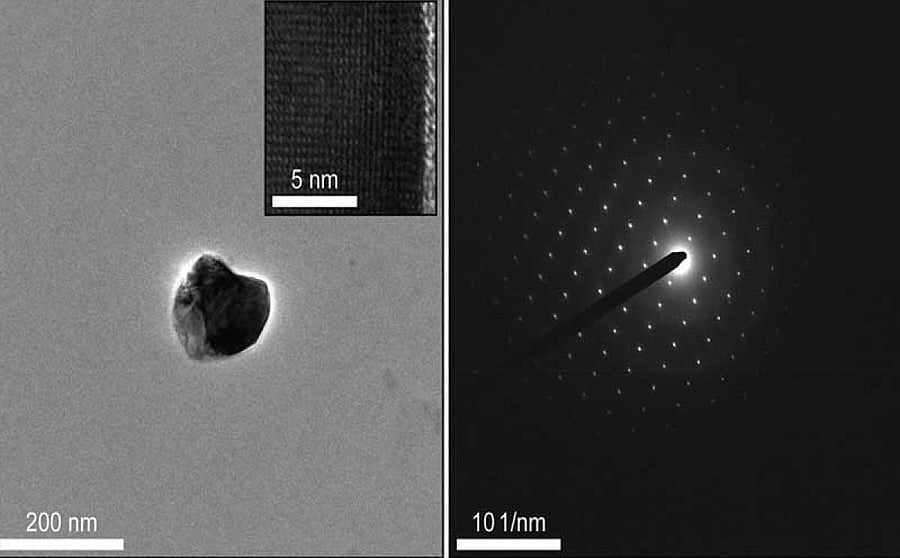 A TiO2 crystal extracted from a T2D pancreas and its electron diffraction pattern. The resulting interference patterns indicate the findings outlined by the study in the journal, Chemical Research in Toxicology. Cockrell School of Engineering, The Univers