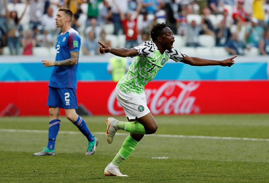 Nigeria's Ahmed Musa celebrates scoring their first goal. REUTERS