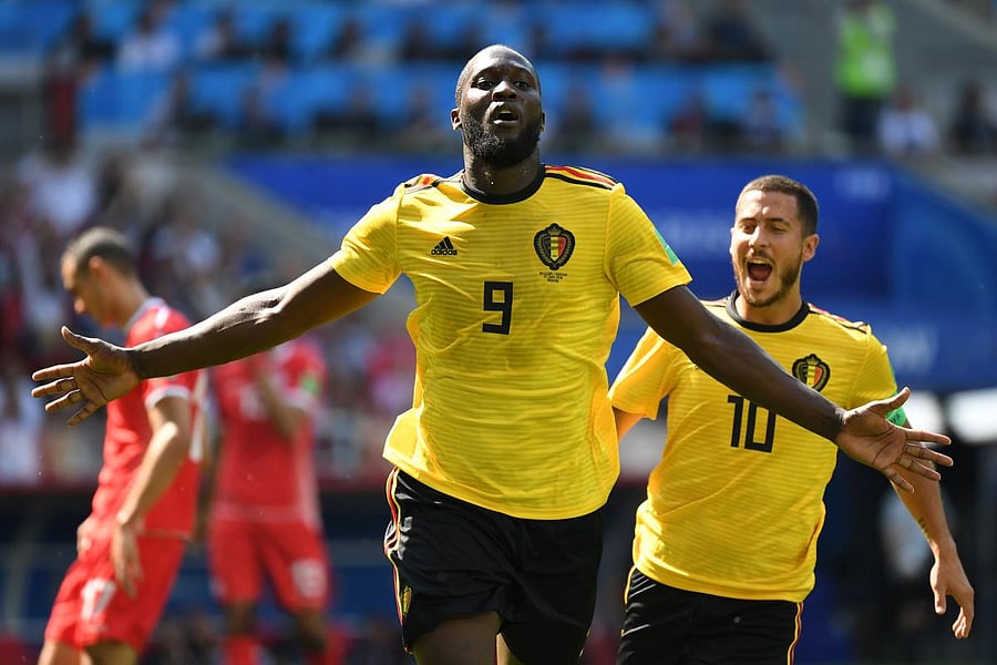 Belgian forward Romelu Lukaku celebrates after scoring his team’s second goal during their match against Tunisia on Saturday. Eden Hazard (10) also scored two goals in Belgium’s 5-2 win. AFP