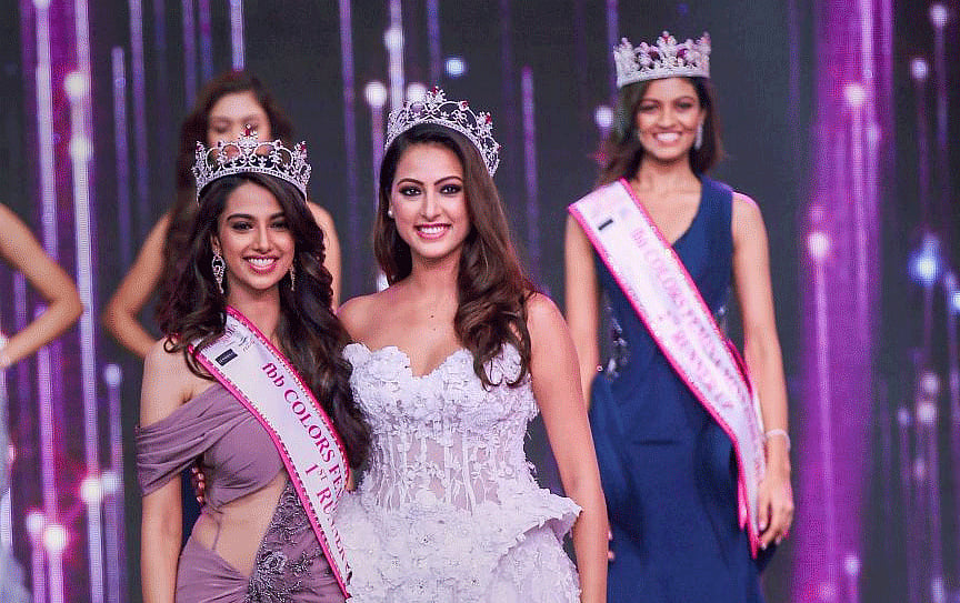 Haryana's Meenakshi Chaudhary (1st Runner up) with Miss United Continents 2017 Sana Dua during Miss India 2018 pageant, in Mumbai on late Tuesday, June 19, 2018. PTI file Photo