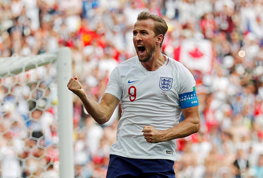 England's Harry Kane celebrates scoring their second goal. Reuters