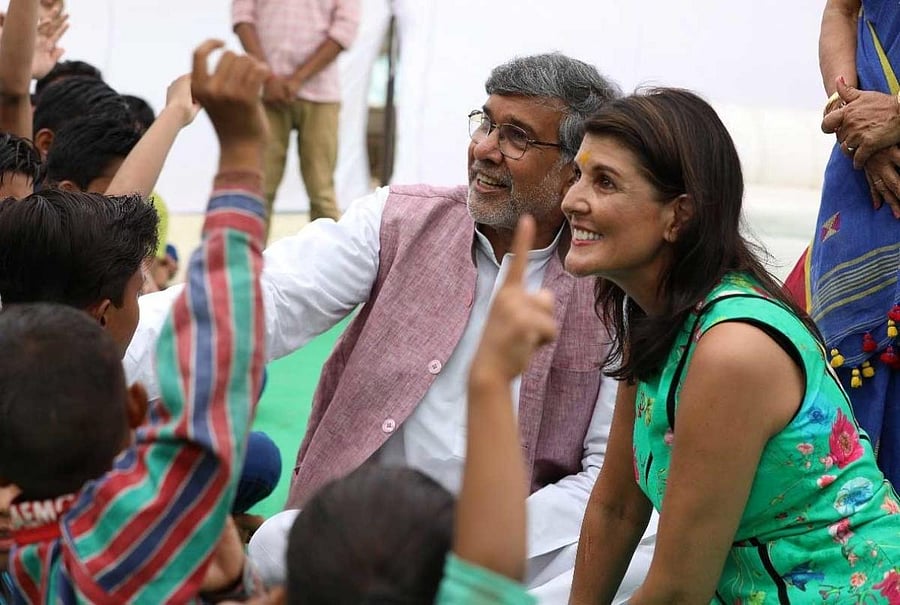 US envoy to the United Nations Nikki Haley today met Nobel Peace Laureate Kailash Satyarthi and reiterated America's commitment to ending child trafficking. Picture courtesy Twitter