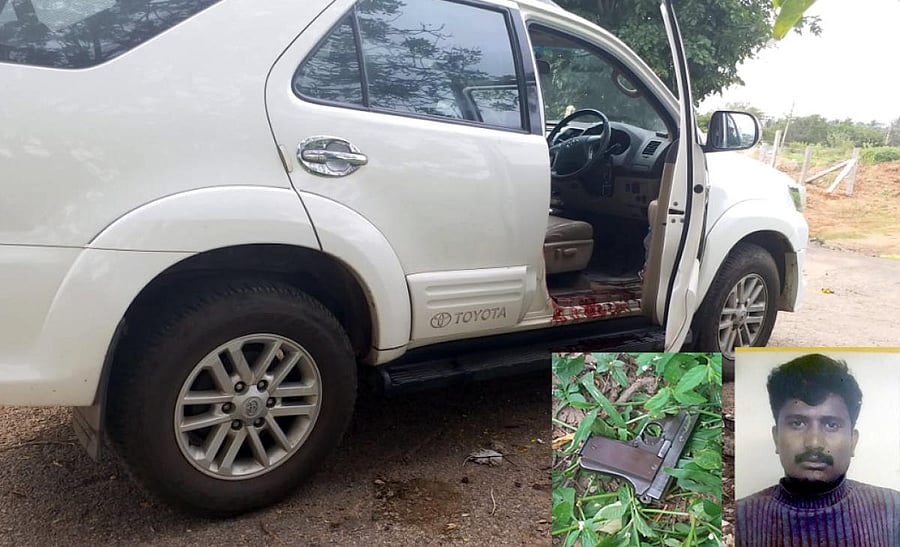After chase: The car and the pistol (inset, left) used by history-sheeter ‘Cycle’ Ravi (inset, right).