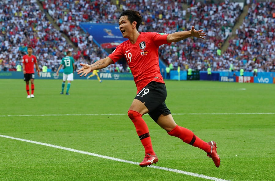 South Korea's Kim Young-gwon celebrates scoring their first goal. Reuters photo
