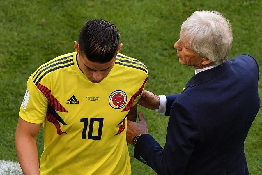 MASSIVE BLOW: Colombia's James Rodriguez limped out after 30 minutes during their clash against Senegal, leaving coach Jose Pekerman a worried man. AFP