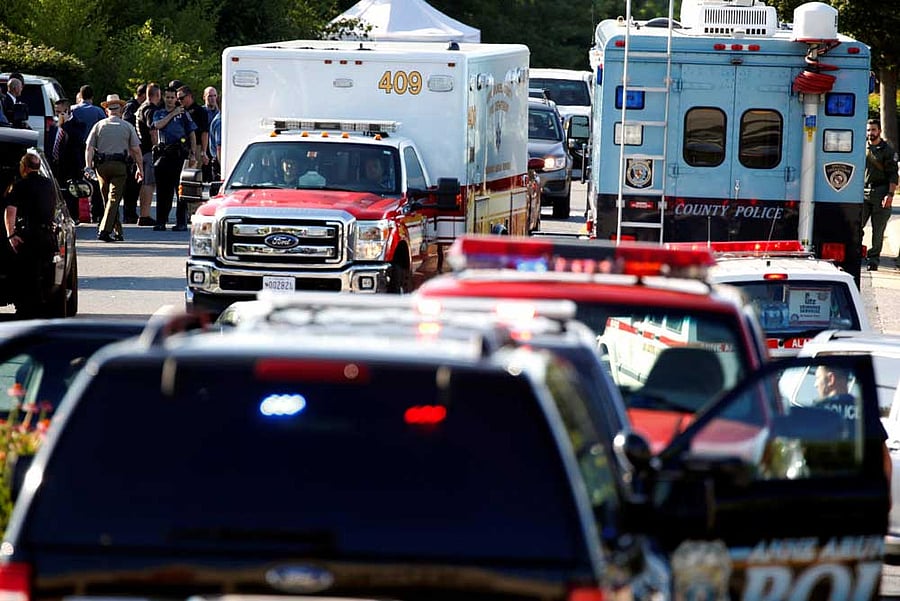 Emergency response vehicles drive near a shooting scene after a gunman opened fire at the Capital Gazette newspaper in Annapolis, Maryland, US. REUTERS Photo