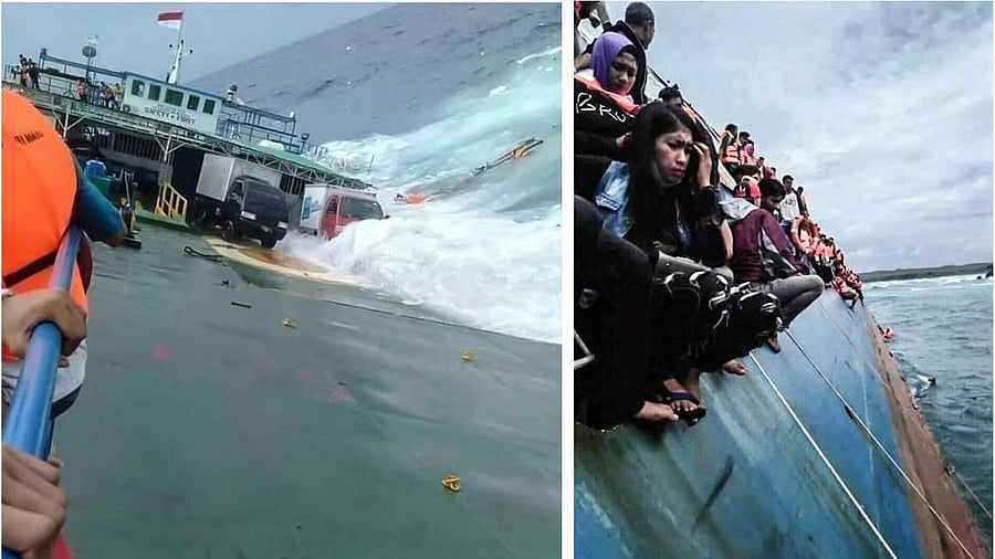 A combination picture shows survivors as KM Lestari Maju boat sinks in the waters of Selayar island, South Sulawesi province, Indonesia, July 3, 2018. Pictures taken July 3, 2018. Antara Foto/Handout/RelawanBNPB/via REUTERS 