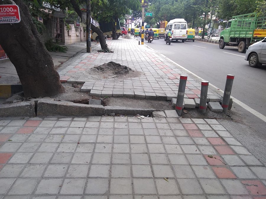 A footpath constructed by the BBMP recently in Banashankari 3rd Stage has already started caving in.