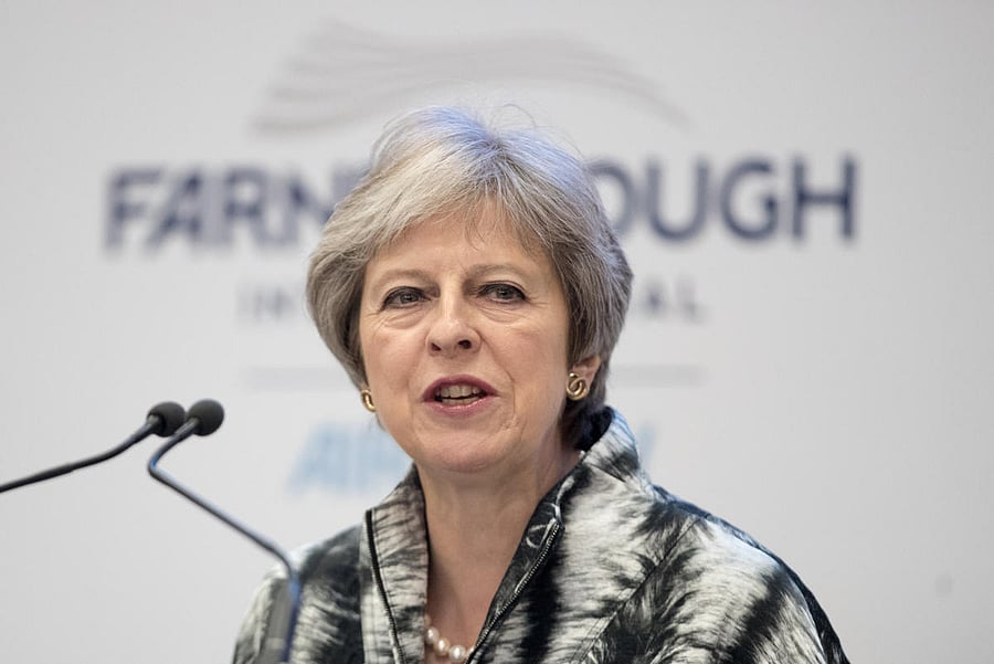 Britain's Prime Minister, Theresa May speaks at the Farnborough Airshow, in Farnborough, Britain July 16, 2018. REUTERS photo.