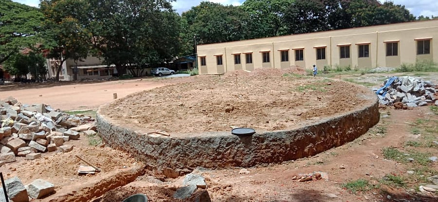 The construction of open air auditorium is in progress at Government arts college ground, near KR Circle.