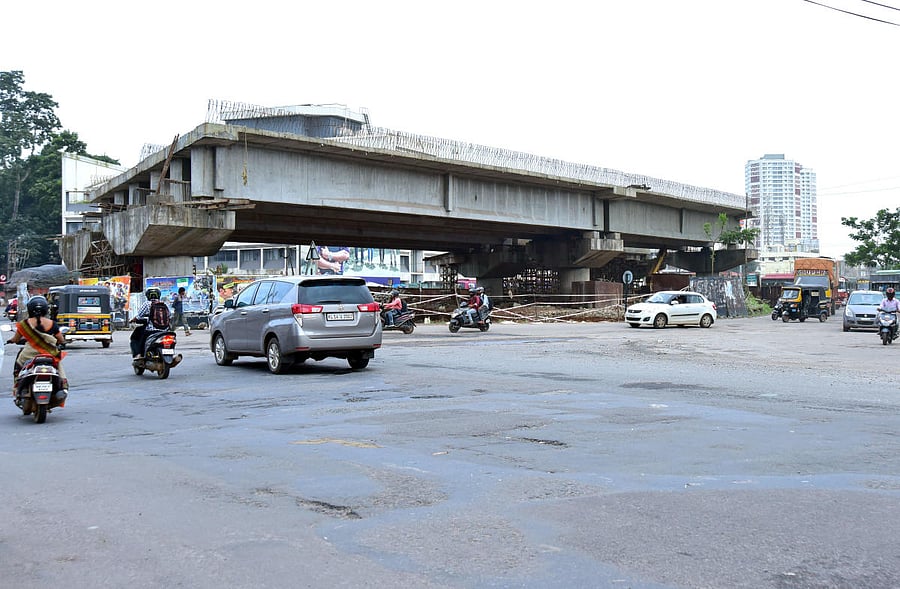 The works on flyover at Pumpwell Junction, Mangaluru, moving at a sluggish pace.