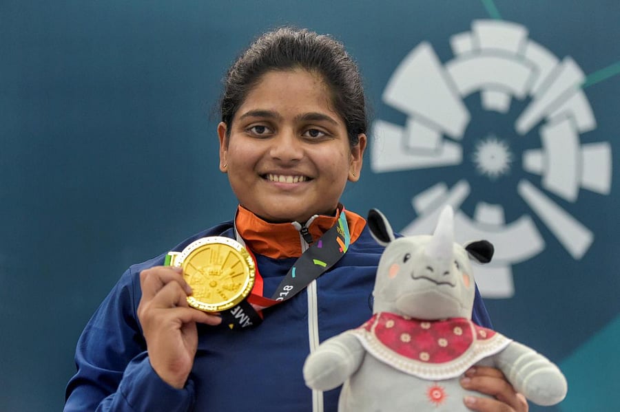 Shooter Rahi Sarnobat with her gold medal at Palembang, Indonesia on Wednesday.PTI