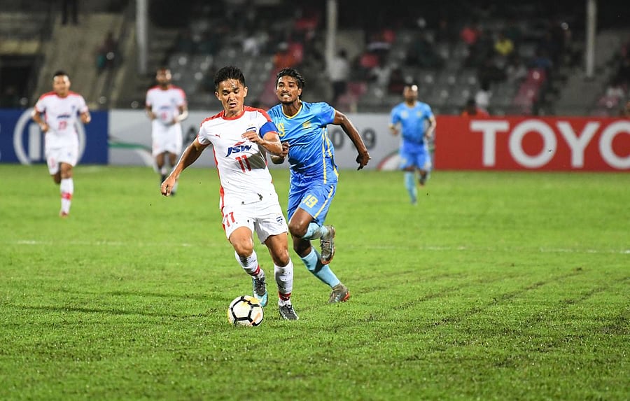 Sunil Chhetri (front) produced three assists and scored once to as Bengaluru FC trounced Abahani Limited Dhaka 4-0 on Wednesday. BFC MEDIA 