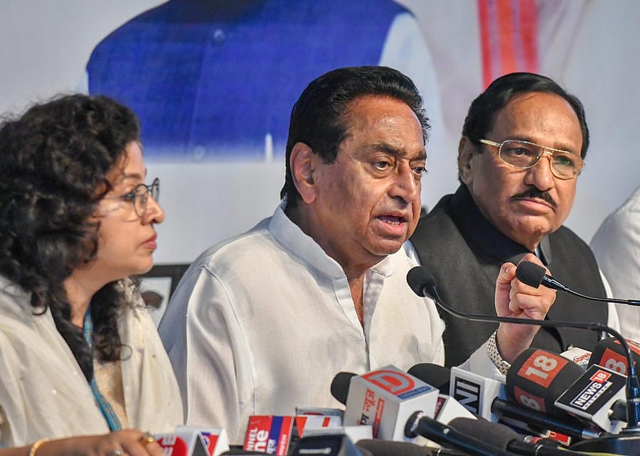 Madhya Pradesh Congress Committee president Kamal Nath addresses a press conference at state party headquarters in Bhopal on August 28, 2018. PTI