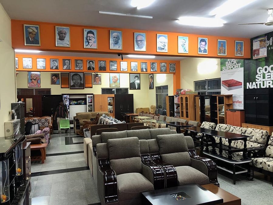 The store displays 38 portraits, many of them drawn by Sridhar.