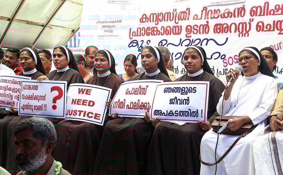 Nuns protest against the delay in action against Roman Catholic Church Bishop alleged accused of sexually exploiting a nun in Kochi, Saturday, Sept 08, 2018. (PTI Photo)