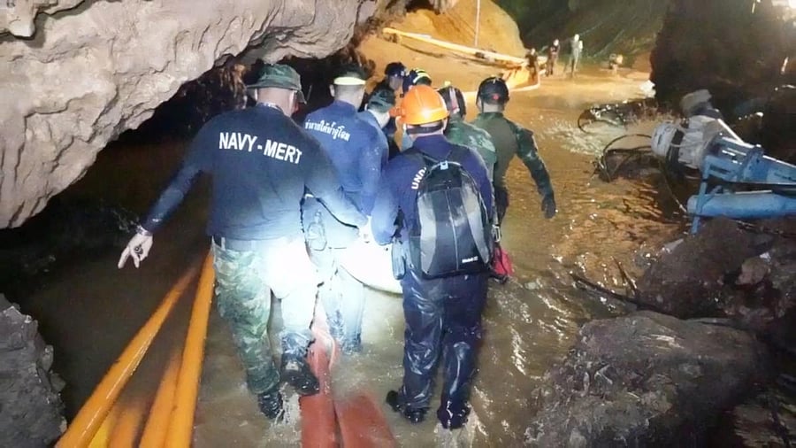 Rescue personnel work at the Tham Luang cave complex in the northern province of Chiang Rai, Thailand. (Reuters Photo)
