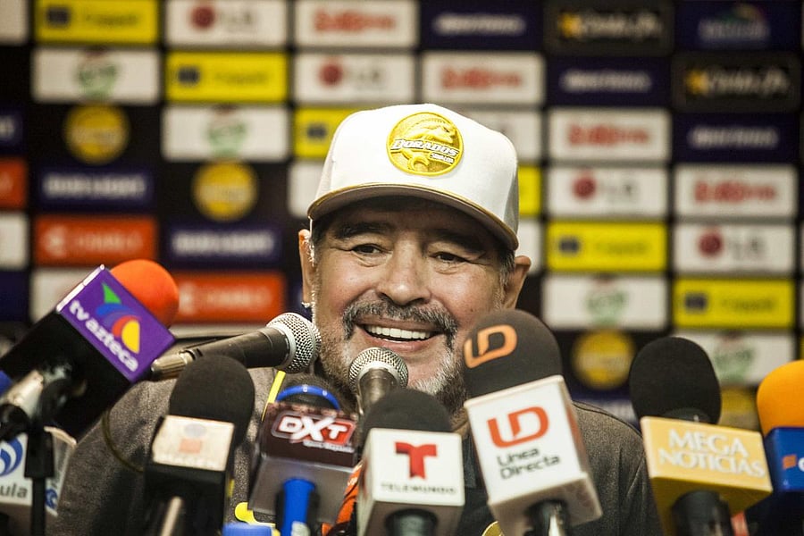 Argentine legend Diego Maradona speaks during a press conference after his first match as coach of Mexican second-division club Dorados, against Cafetaleros, in Culiacan, Mexico, on Monday. AFP