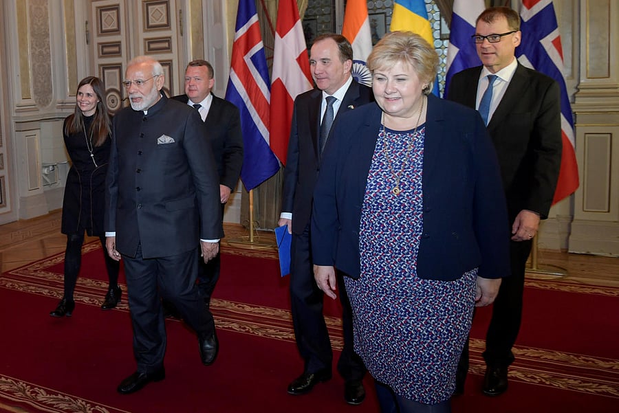 Prime Minister Katrin Jakobsdottir of Iceland, Prime Minister Lars Lokke Rasmussen of Denmark, Prime Minister Narendra Modi of India, Prime Minister Stefan Lofven of Sweden, Prime Minister Juha Sipila of Finland and Prime Minister Erna Solberg of Norway during a Nordic-Indian Summit at Grand Hotel, in Stockholm, Sweden April 17, 2018. TT News Agency/Henrik Montgomery via Reuters