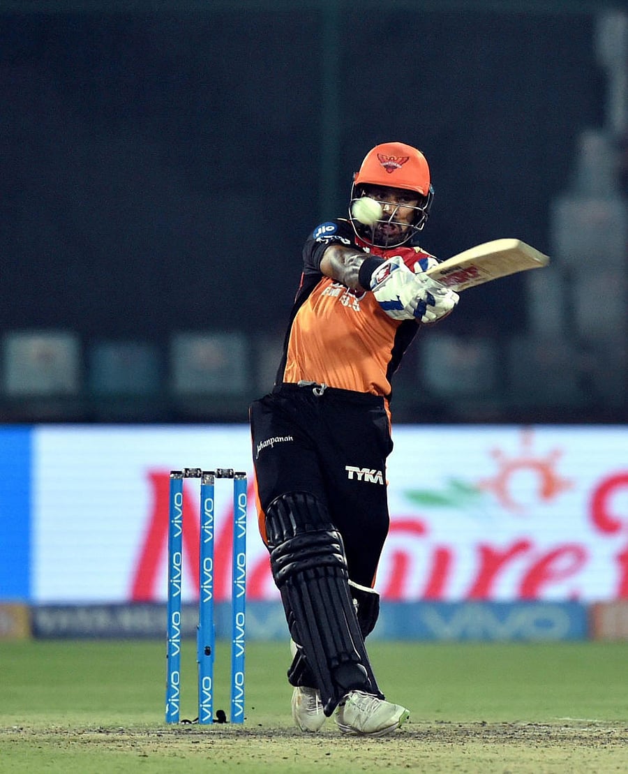BRUTAL: Sunrisers Hyderabad’s Shikhar Dhawan smashes one to the fence en route his unbeaten 92 against Delhi Daredevils at the Feroz Shah Kotla stadium on Thursday. PTI