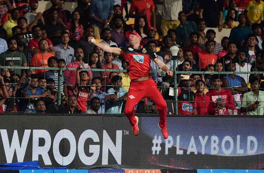 AB De Villiers takes a catch to dismiss Alex Hales in Bengaluru on Thursday. PTI