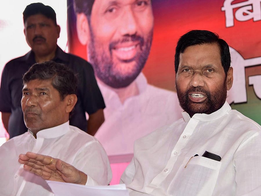 Union Food Minister and Lok Janshakti Party Chief Ram Vilas Paswan addresses a press conference at party office in Patna on Friday. PTI Photo