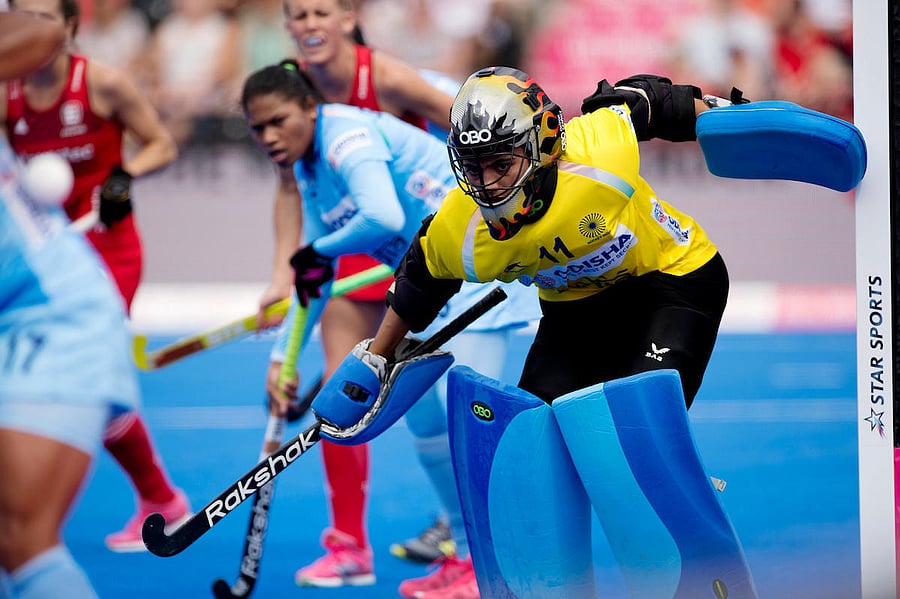 India goalkeeper Savita produced a string of impressive saves in the opening game against England on Saturday. HI MEDIA 