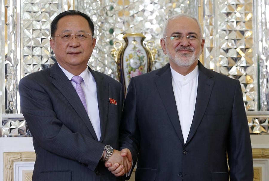 Iran's Foreign Minister Mohammad Javad Zarif shakes hands with North Korea's Foreign Minister Ri Yong Ho during their meeting in the capital Tehran on August 7, 2018. The Korean minister is on a three-day state visit to the country. AFP