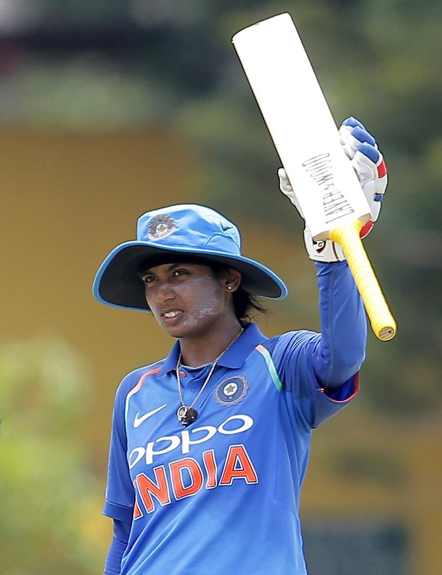 India's Mithali Raj celebrates after scoring a half century against Sri Lanka on Sunday. AP/PTI