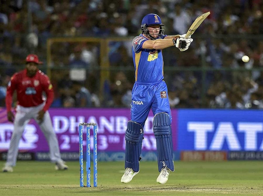 Rajasthan Royals’ Jos Buttler plays a shot during IPL 2018 cricket match against Kings XI Punjab at Sawai Mansingh Stadium in Jaipur, on Tuesday. PTI Photo  