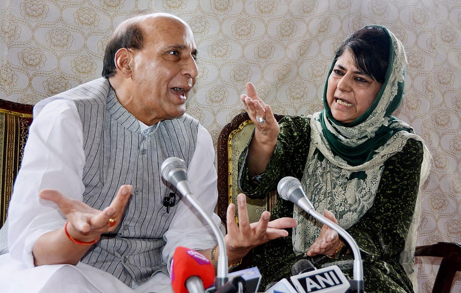 nion Home Minister Rajnath Singh and Jammu and Kashmir Chief Minister Mehbooba Mufti interact with media during a press conference in Srinagar. BJP on Tuesday, June 19, 2018, has pulled out of the alliance government with Mehbooba Mufti-led People's Democratic Party in Jammu & Kashmir. PTI file photo.