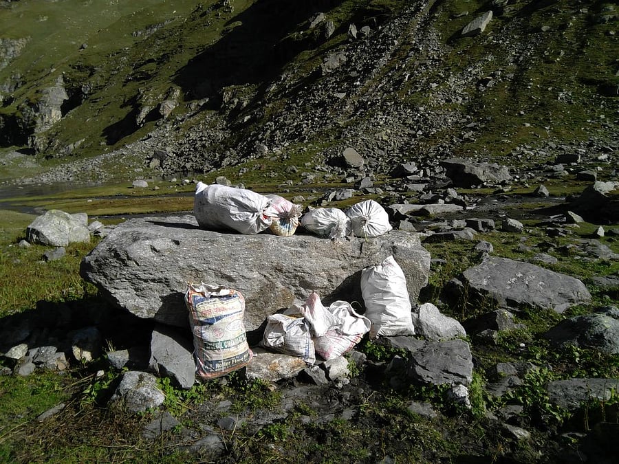 Trash bags collected in Balu ka Ghera campsite, Manali