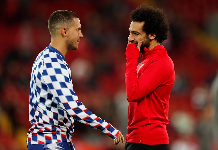  Two of the best strikers in the Premier League, Chelsea's Eden Hazard (left) and Liverpool's Mohamed Salah, will go toe to toe when their sides clash on Saturday. REUTERS 