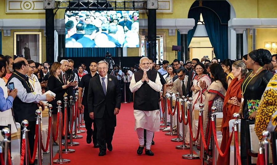 Prime Minister Narendra Modi with United Nations Secretary General Antonio Guterres at the Mahatma Gandhi International Sanitation Convention (MGISC), at the Rashtrapati Bhavan in New Delhi on Tuesday. PTI
