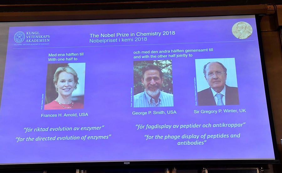 A screen displays portraits of Frances H Arnold of the United States, George P Smith of the United States and Gregory P Winter of Great Britain during the announcement of the winners of the 2018 Nobel Prize in Chemestry at the Royal Swedish Academy of Sciences on October 3, 2018 in Stockholm. (AFP photo)