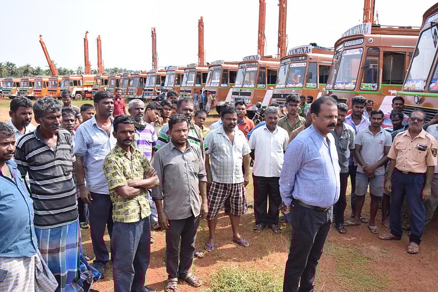 Borewell rigging machines parked at Kuloor, Mangaluru.