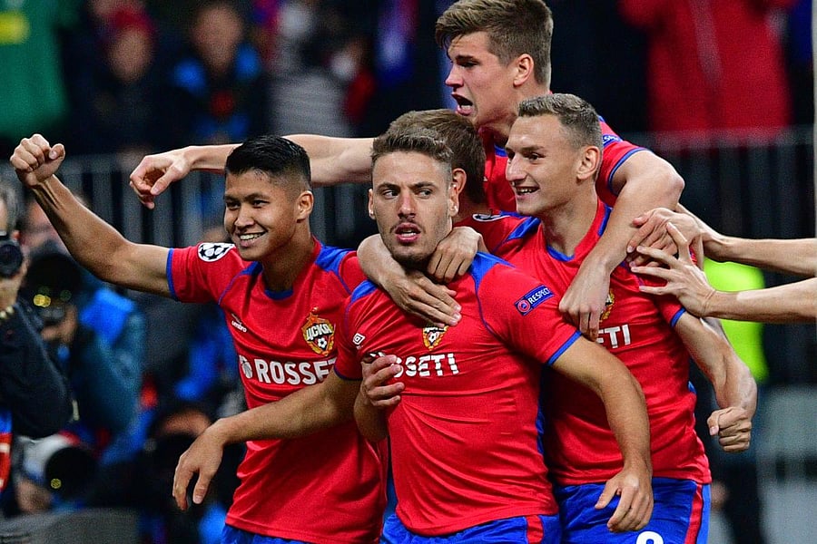 CSKA Moscow's Nikola Vlasic (centre) celebrates with team-mates after scoring against Real Madrid on Tuesday. AFP