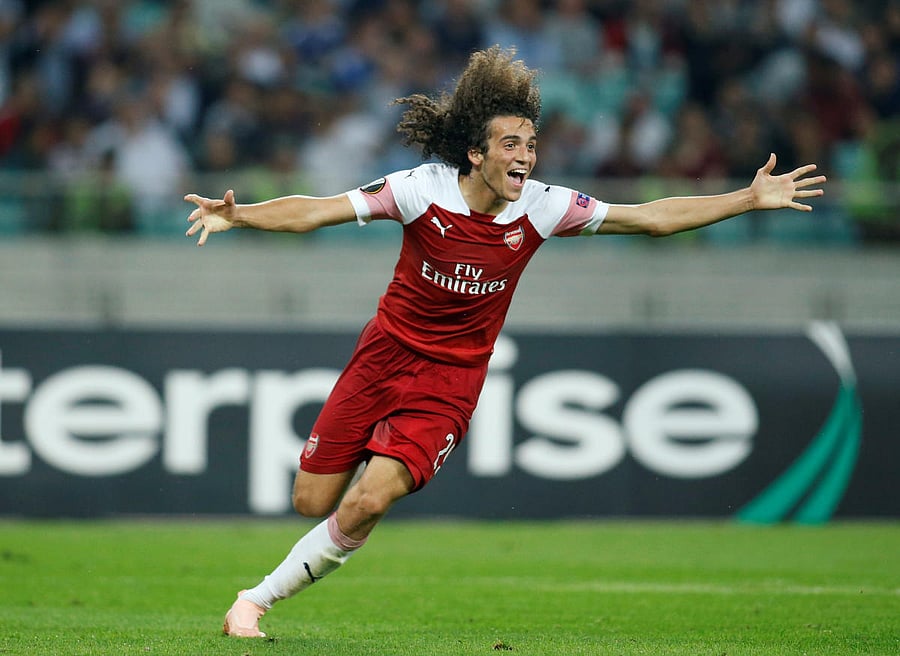 Arsenal's Matteo Guendouzi celebrates scoring their third goal against Qarabag in Baku Olympic Stadium in Baku, Azerbaijan. (REUTERS)