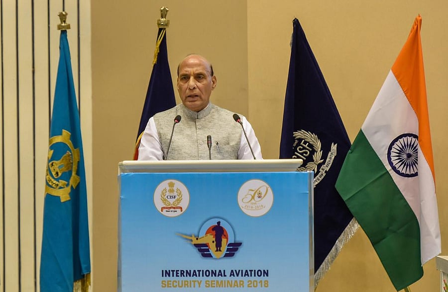 Union Home Minister Rajnath Singh addresses the International Aviation Security Seminar 2018 in New Delhi on Tuesday. PTI