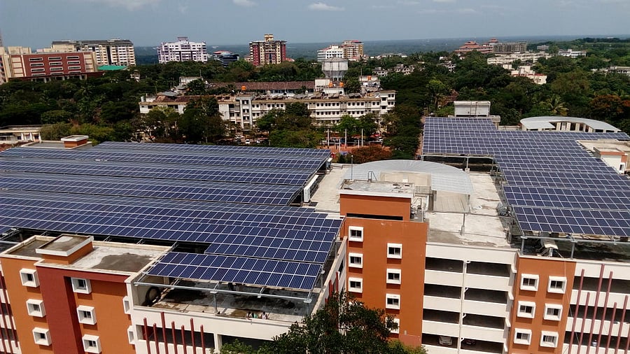 The solar panels on the multi-level car parking facility at MAHE, Manipal.
