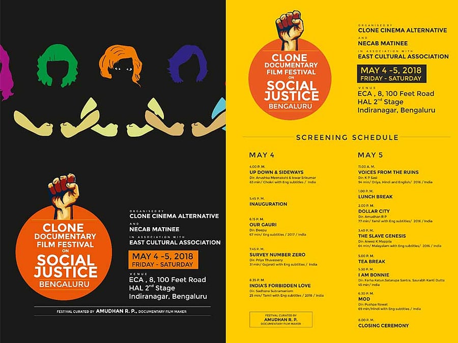  The Clone Documentary Film Festival, organised by the New Delhi-based collective Clone Cinema Alternative and Bengaluru-based organisations, NECAB Matinee and East Cultural Association, will be held on May 4 and 5 at ECA auditorium, Indiranagar. 